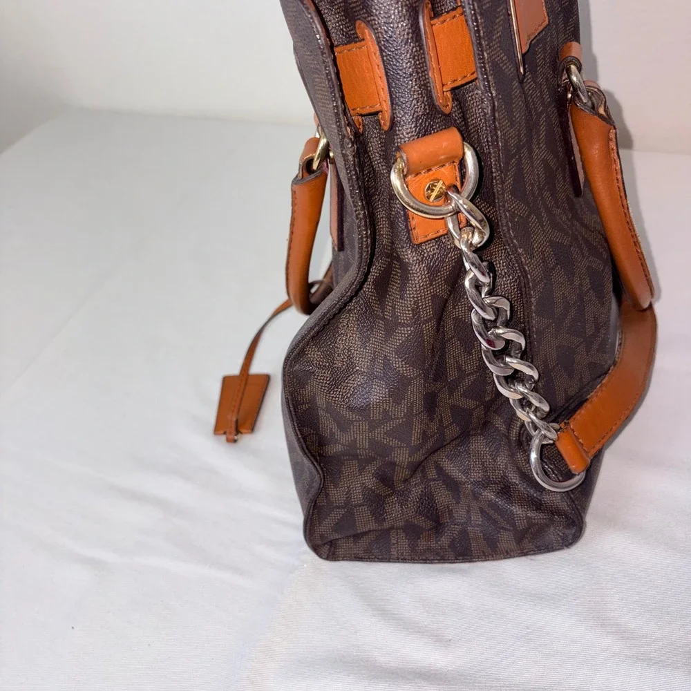 Michael Kors hamilton signiture Monogram Satchel Bag Brown Leather Chain Strap
